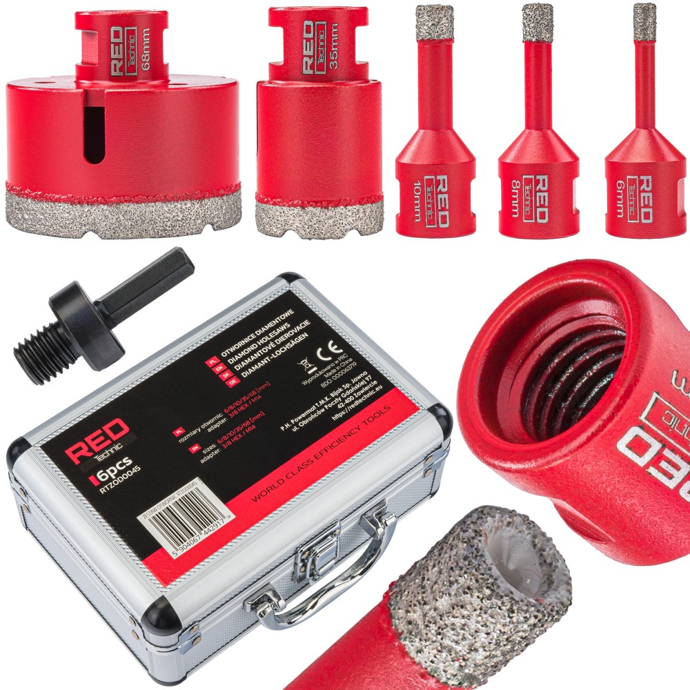 Zestaw 5 OTWORNIC Koronek 6-68 mm Otwornica Diamentowa Adapter HEX M14 RTZOD0045 Zestaw 5 OTWORNIC Koronek 6-68 mm Otwornica Diamentowa Adapter HEX M14 RTZOD0045