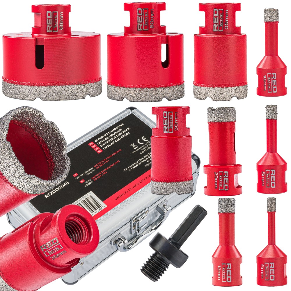 Zestaw 9 OTWORNIC Koronek 6-68 mm Otwornica Diamentowa Adapter HEX M14 RTZOD0046 Zestaw 9 OTWORNIC Koronek 6-68 mm Otwornica Diamentowa Adapter HEX M14 RTZOD0046
