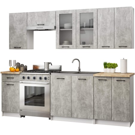 Zestaw szafek kuchennych z witryną OLIWIA 2.4m H720 Biały Beton
