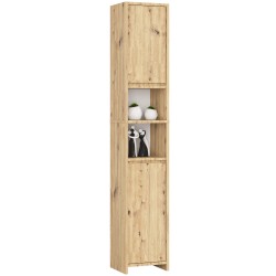 Meuble colonne étagère de salle de bain  2 portes 2 niches Bois naturel