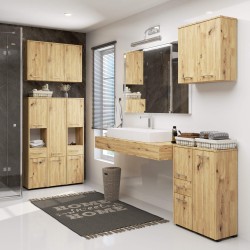 Meuble colonne étagère de salle de bain  2 portes 2 niches Bois naturel