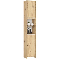 Meuble colonne étagère de salle de bain  2 portes 2 niches Bois naturel Blanc