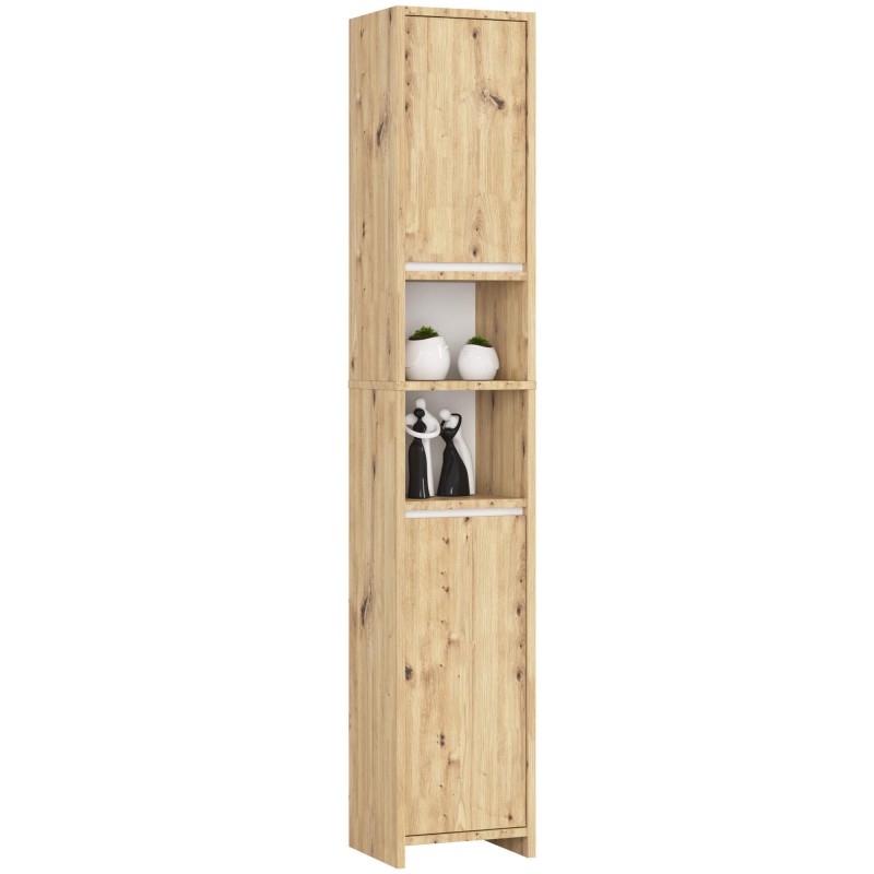 Meuble colonne étagère de salle de bain 2 portes 2 niches Bois naturel Blanc Meuble colonne étagère de salle de bain 2 portes 2 niches Bois naturel Blanc