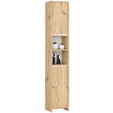 Meuble colonne étagère de salle de bain  2 portes 2 niches Bois naturel Blanc