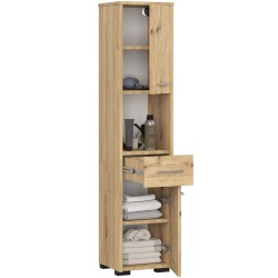 Colonne meuble étagère de salle de bain 2 portes 1 tiroirs 140x30X30 cm Marron
