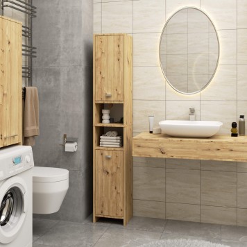 Meuble colonne étagère salle de bain 2 portes chêne artisan 32x180x28 cm