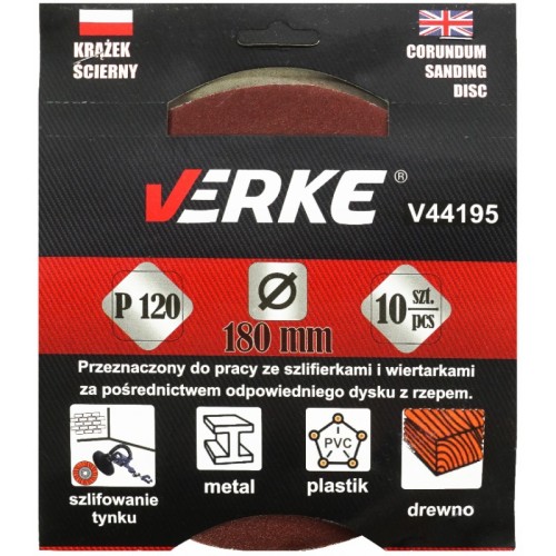KRĄŻEK ŚCIERNY 180 MM P120 10 SZT VERKE