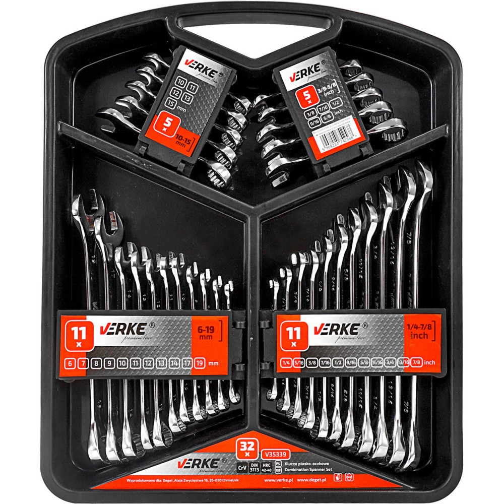 KLUCZE PŁASKO-OCZKOWE 32 EL. 6-19mm KASETA VERKE PREMIUM KLUCZE PŁASKO-OCZKOWE 32 EL. 6-19mm KASETA VERKE PREMIUM