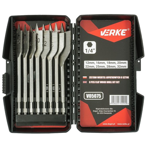 ZESTAW WIERTEŁ ŁOPATKOWYCH 8 SZT. 12-32 mm, 8 SZT. VERKE