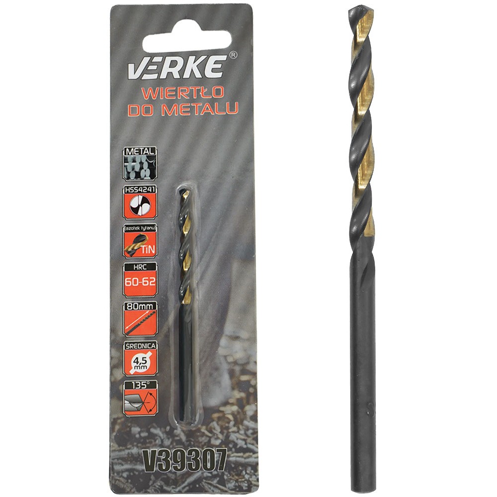 WIERTŁO DO METALU HSS Z POWŁOKĄ TYTANOWĄ 4,5 MM VERKE WIERTŁO DO METALU HSS Z POWŁOKĄ TYTANOWĄ 4,5 MM VERKE