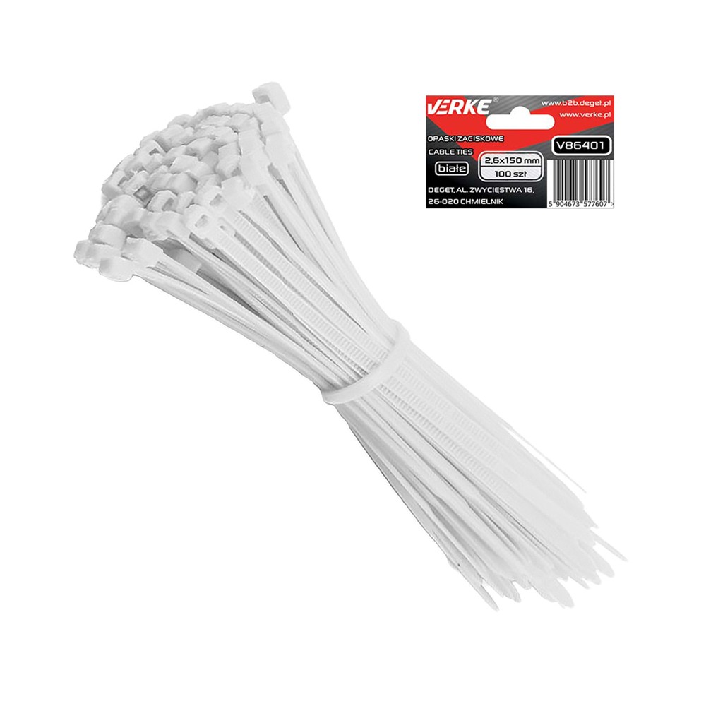 OPASKI ZACISKOWE 2,6x150 mm BIAŁE 100 SZT VERKE OPASKI ZACISKOWE 2,6x150 mm BIAŁE 100 SZT VERKE