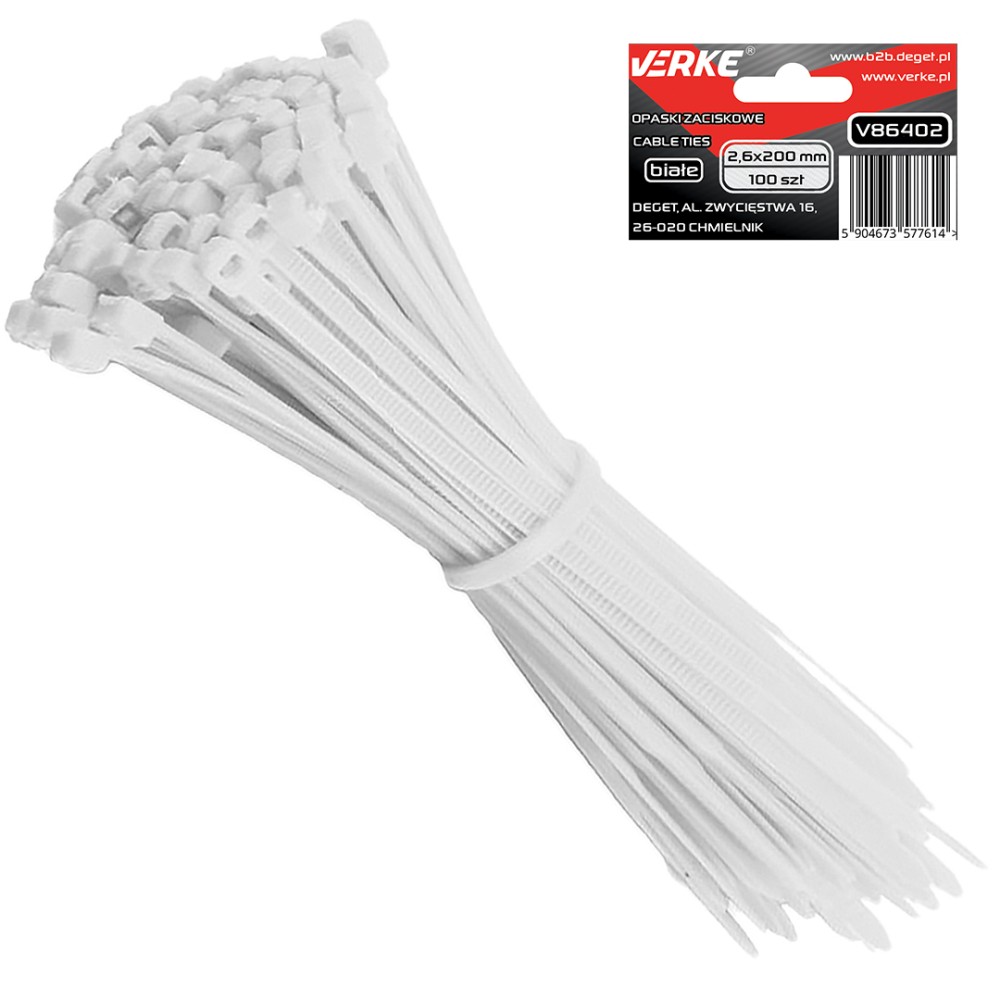OPASKI ZACISKOWE 2,6x200 mm BIAŁE 100 SZT VERKE OPASKI ZACISKOWE 2,6x200 mm BIAŁE 100 SZT VERKE