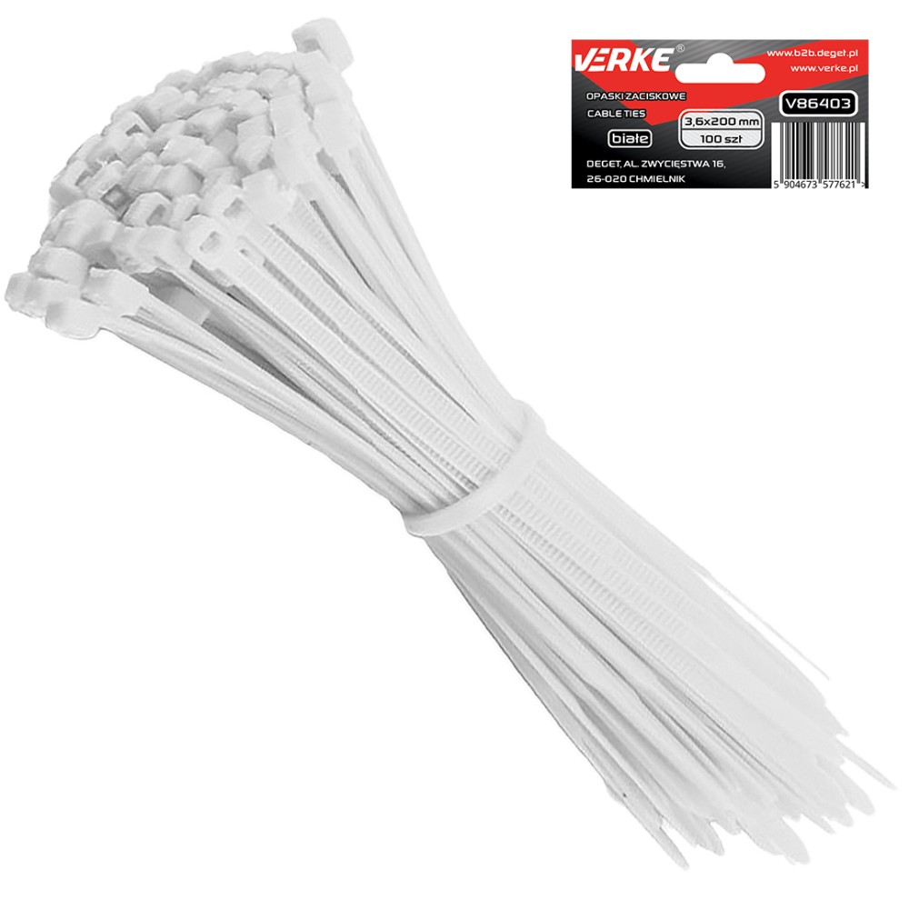 OPASKI ZACISKOWE 3,6x200 mm BIAŁE 100 SZT VERKE OPASKI ZACISKOWE 3,6x200 mm BIAŁE 100 SZT VERKE
