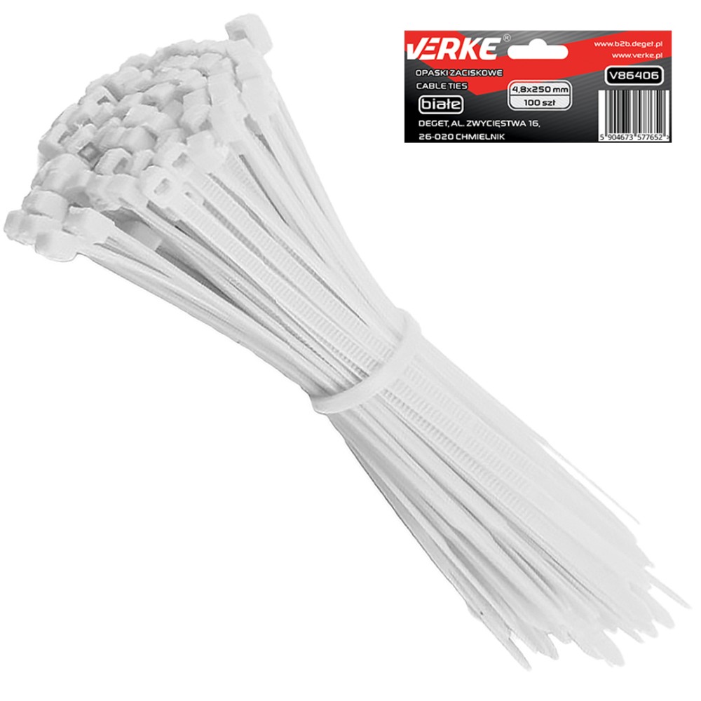 OPASKI ZACISKOWE 4,8x250 mm BIAŁE 100 SZT VERKE OPASKI ZACISKOWE 4,8x250 mm BIAŁE 100 SZT VERKE