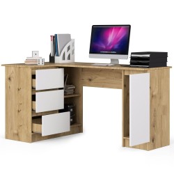 Biurko narożne B20 155 cm lewe - dąb artisan-białe - 3 szuflady