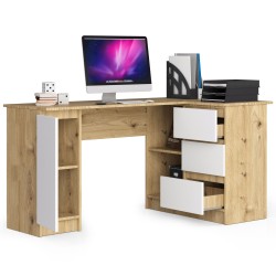 Biurko narożne B20 155 cm prawe - dąb artisan-białe - 3 szuflady