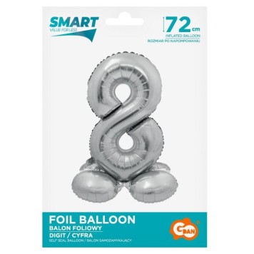 Number Silver Silver Number 8 Foil Balloon with Base 72 cm