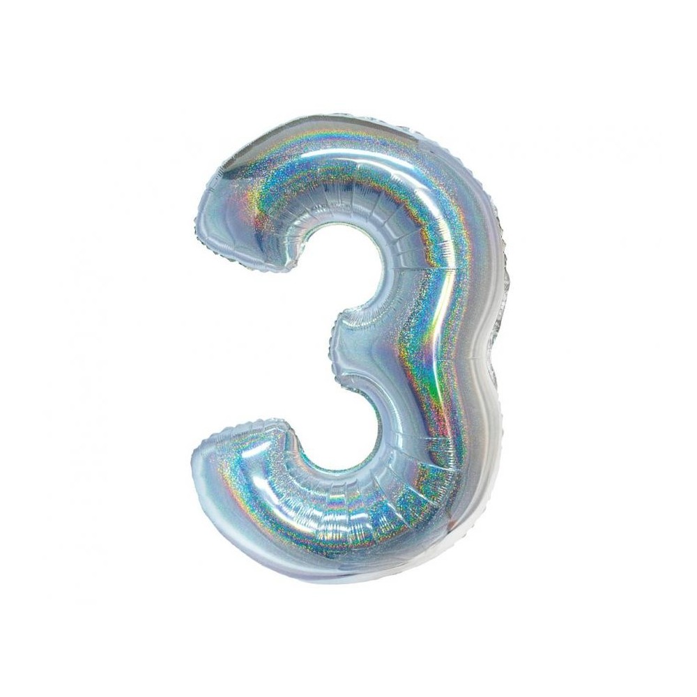 Number Holographic Silver, Silver Number 3 Foil Balloon 76 cm