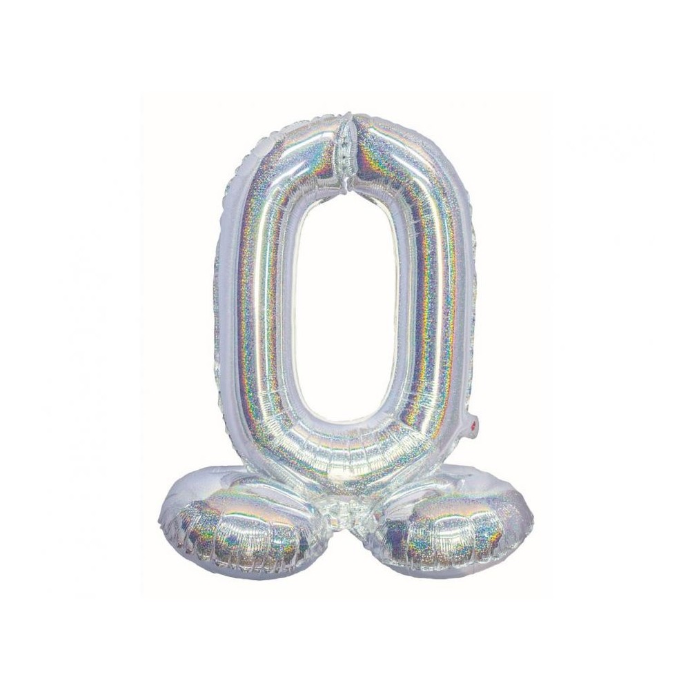 Number Holographic Silver, Silver number 0 foil balloon with base 72 cm