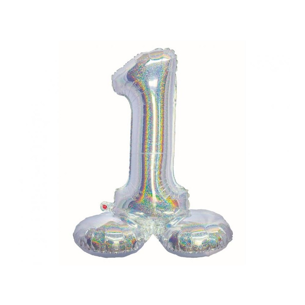 Number Holographic Silver, Silver Number 1 Foil Balloon with Base 72 cm