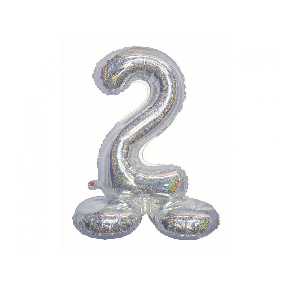 Number Holographic Silver, Silver Number 2 Foil Balloon with Base 72 cm