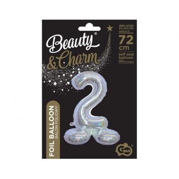 Number Holographic Silver, Silver Number 2 Foil Balloon with Base 72 cm
