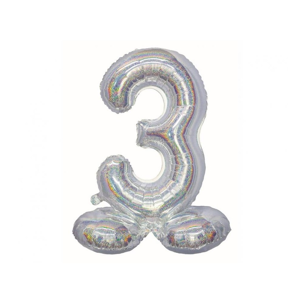 Number Holographic Silver, number 3 foil balloon with base 72 cm