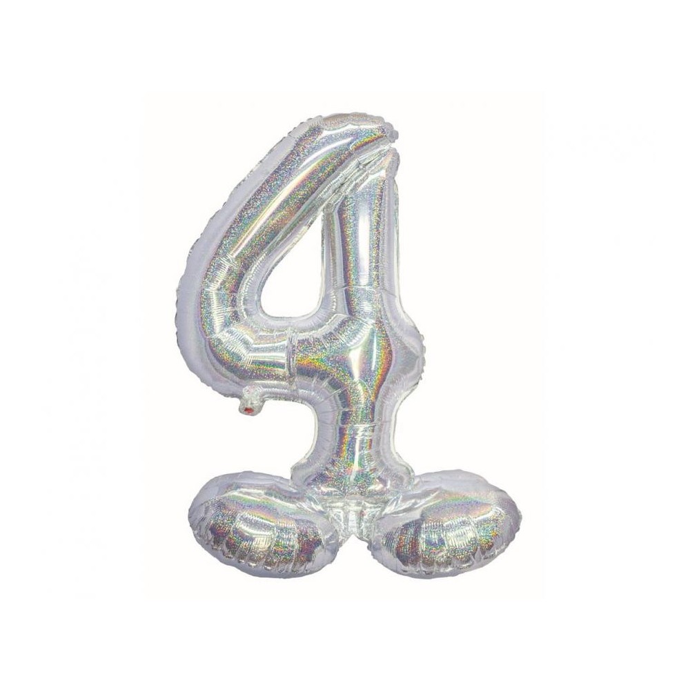 Number Holographic Silver, Silver number 4 foil balloon with base 72 cm