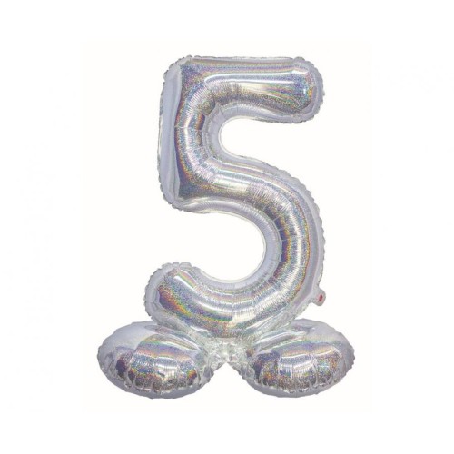 Number Holographic Silver, Number 5 Foil Balloon with Base 72 cm
