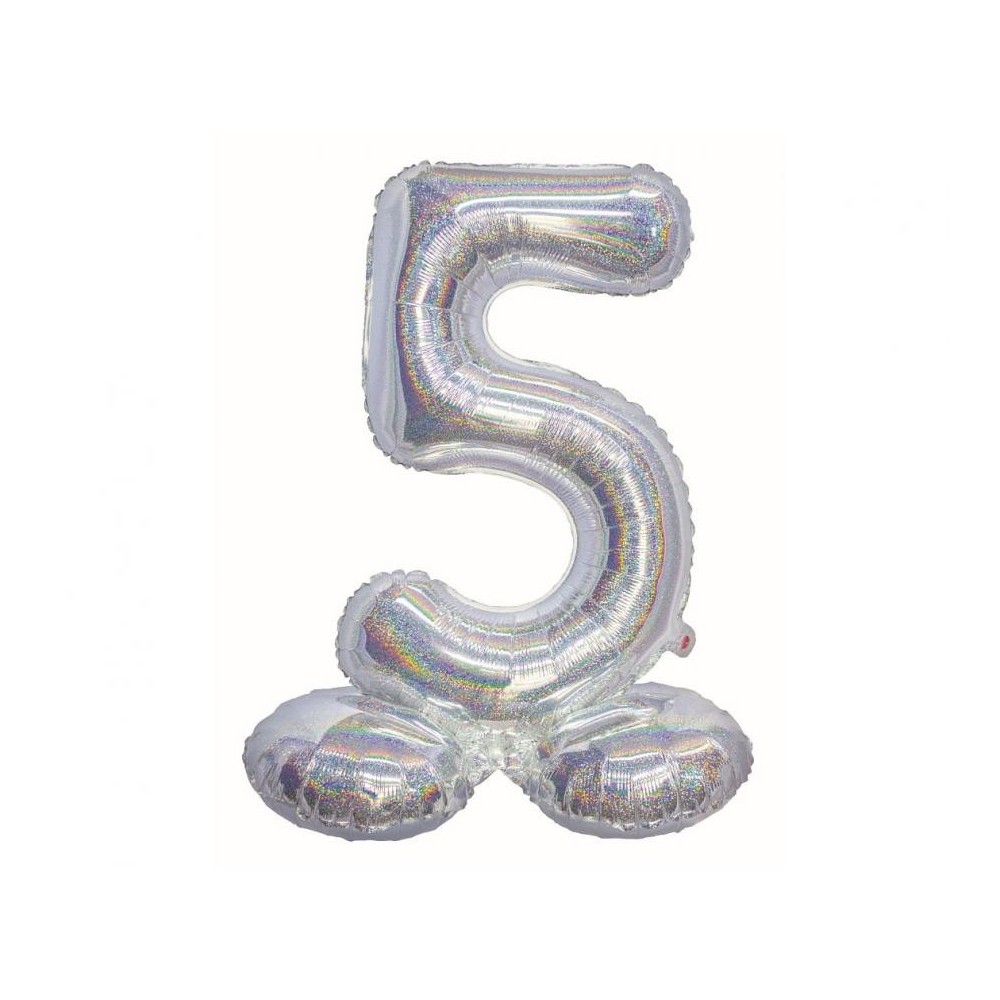 Number Holographic Silver, Number 5 Foil Balloon with Base 72 cm