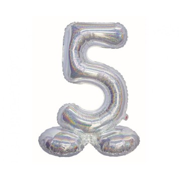 Number Holographic Silver, Number 5 Foil Balloon with Base 72 cm