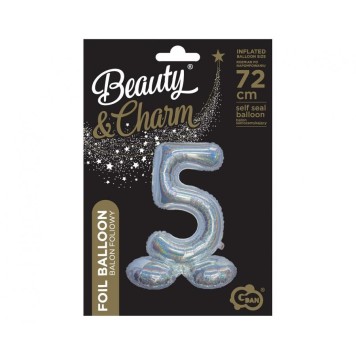 Number Holographic Silver, Number 5 Foil Balloon with Base 72 cm