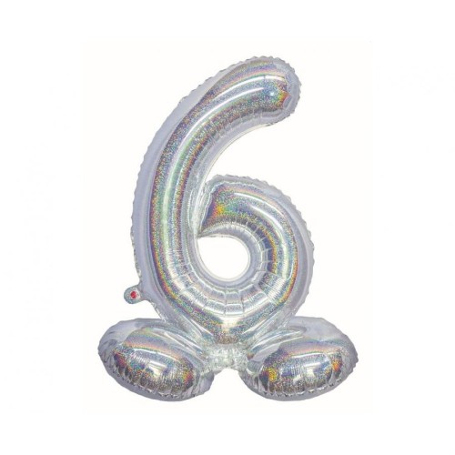 Number Holographic Silver, Silver Number 6 Foil Balloon with Base 72 cm