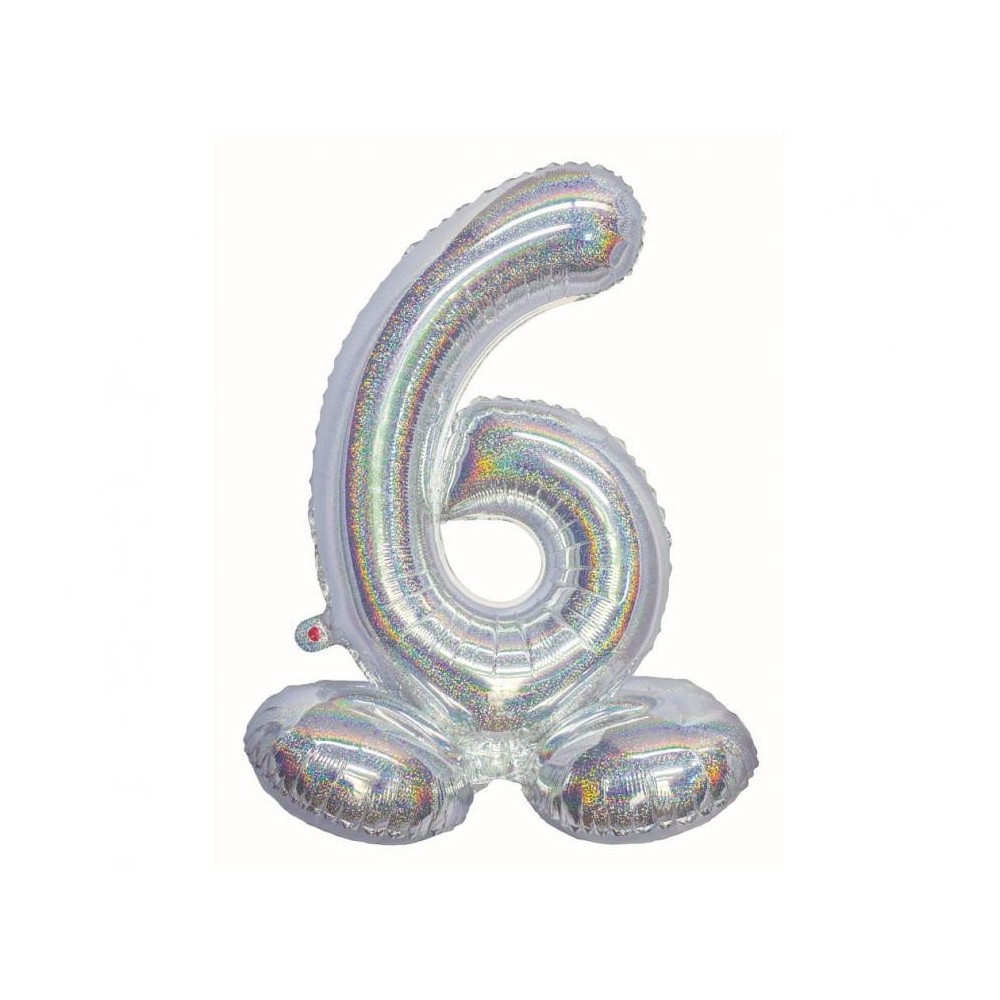 Number Holographic Silver, Silver Number 6 Foil Balloon with Base 72 cm
