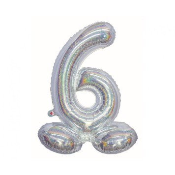 Number Holographic Silver, Silver Number 6 Foil Balloon with Base 72 cm