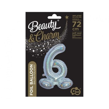 Number Holographic Silver, Silver Number 6 Foil Balloon with Base 72 cm