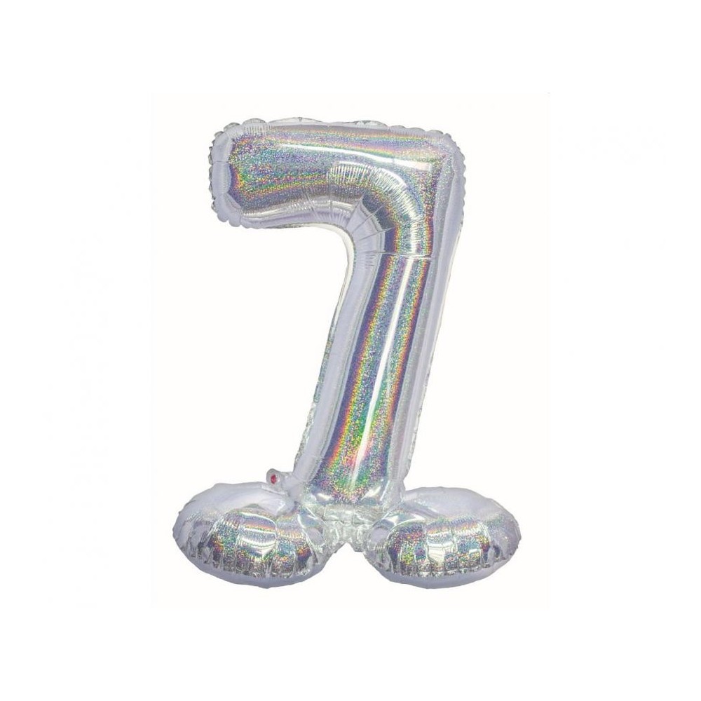 Number Holographic Silver, Silver number 7 foil balloon with base 72 cm