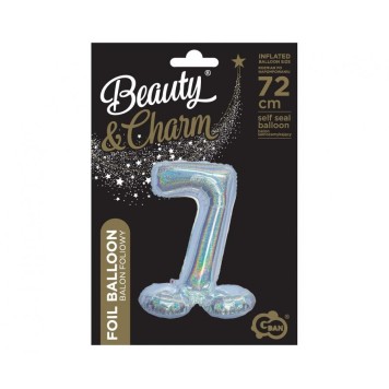 Number Holographic Silver, Silver number 7 foil balloon with base 72 cm