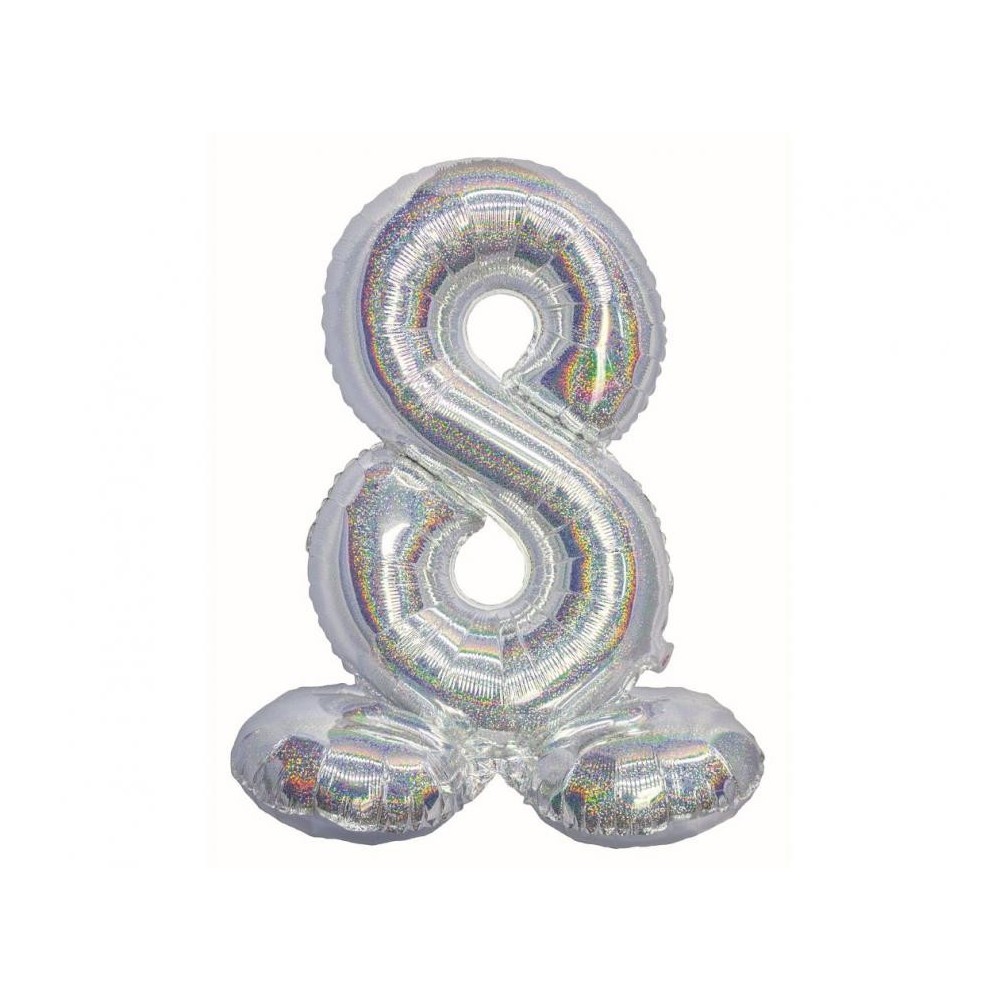 Number Holographic Silver, Silver Number 8 Foil Balloon with Base 72 cm