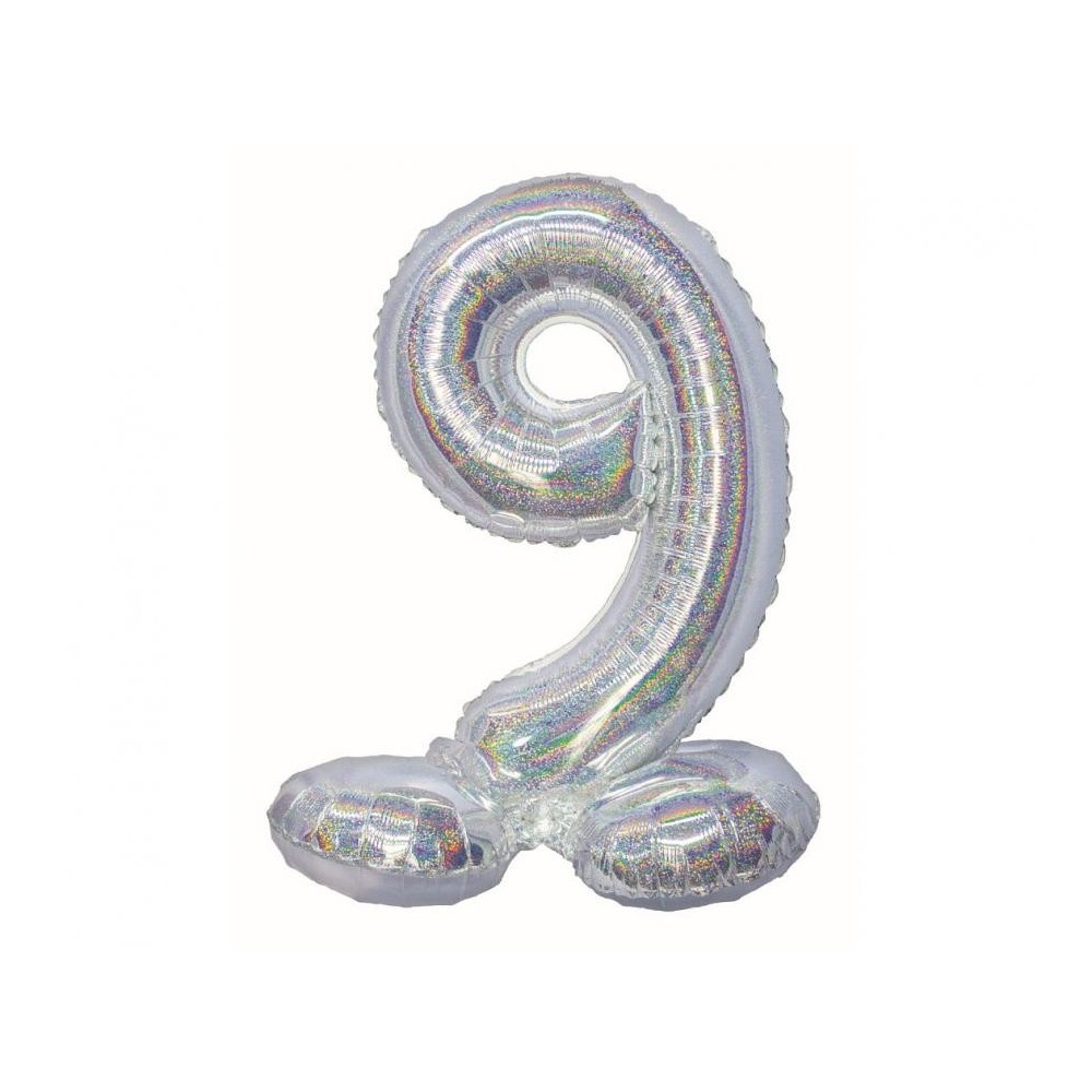 Number Holographic Silver, Silver number 9 foil balloon with base 72 cm