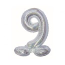 Number Holographic Silver, Silver number 9 foil balloon with base 72 cm