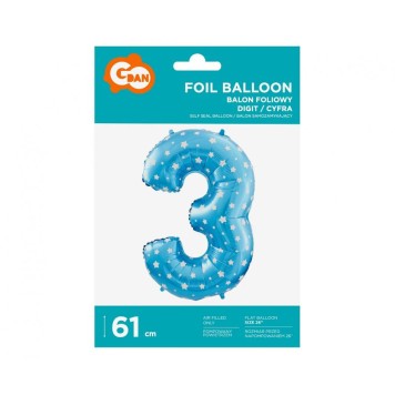 Number Blue with Stars, Blue number 3 foil balloon 61 cm