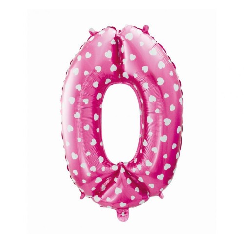 Number Pink with Hearts, Pink 0-shaped foil balloon 61 cm