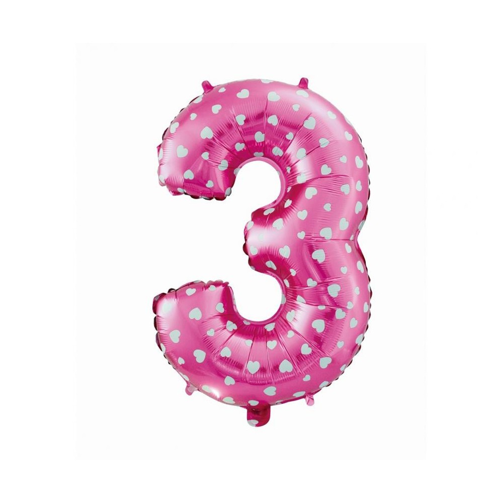 Number Pink with Hearts, Pink 3 Number Foil Balloon 61 cm