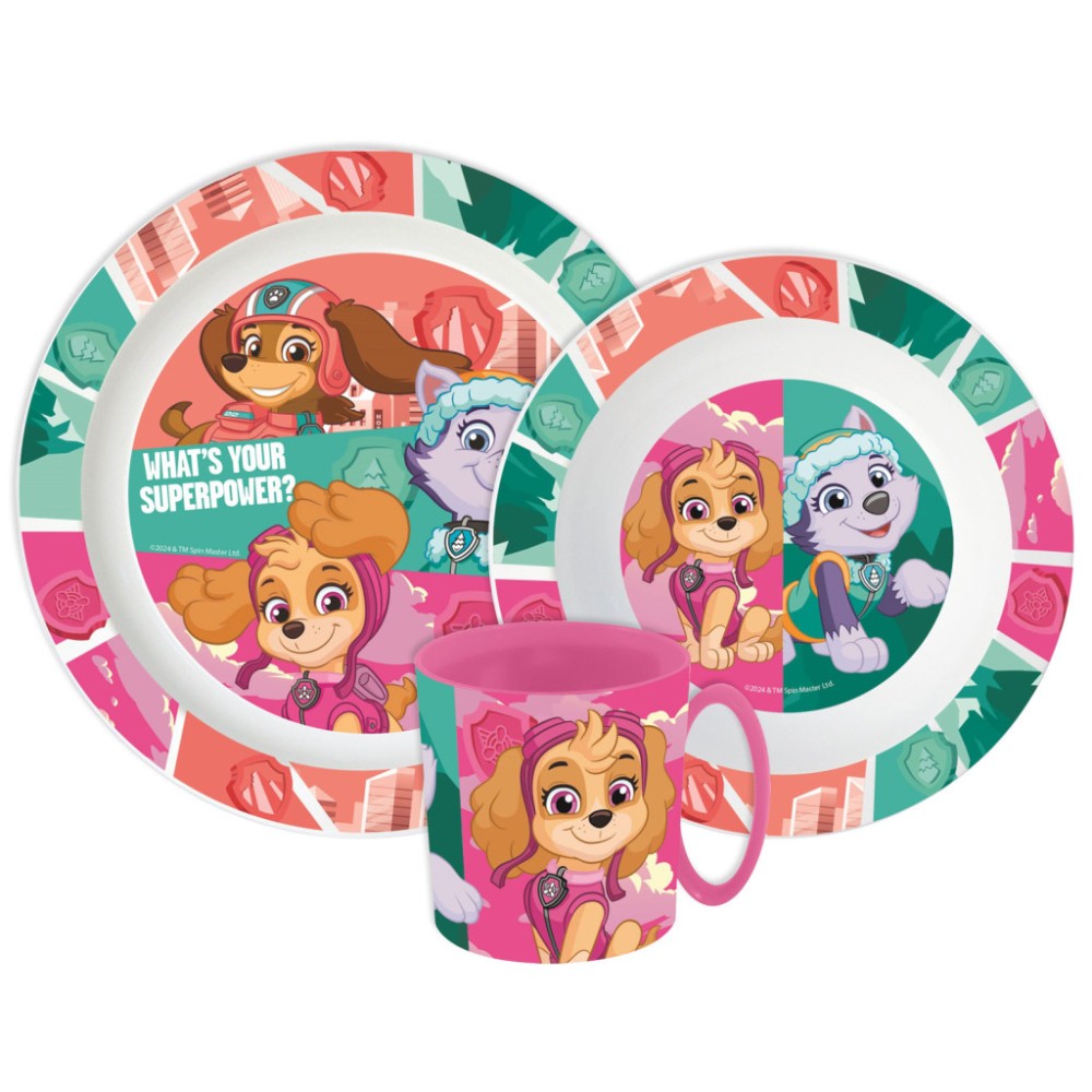 Paw Patrol Superpowers dinner set, micro plastic set with mug 390 ml