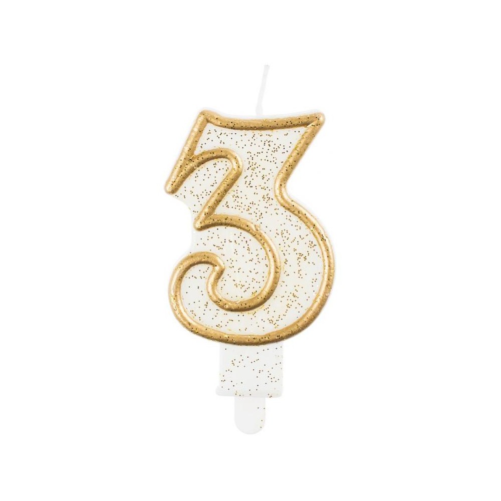 Number Gold Gold Glitter Number 3 Candle, Cake Candle