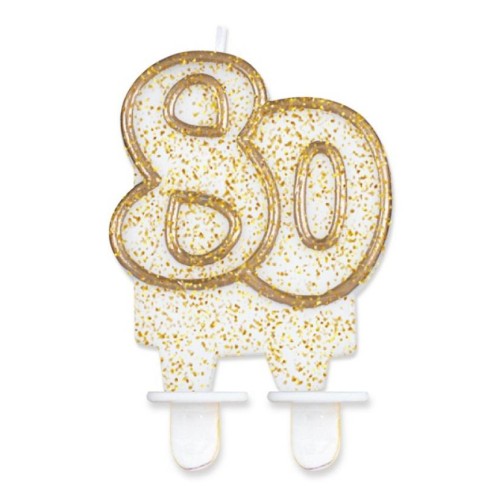 Colour Gold Gold glitter 80th birthday candle, numeral candle