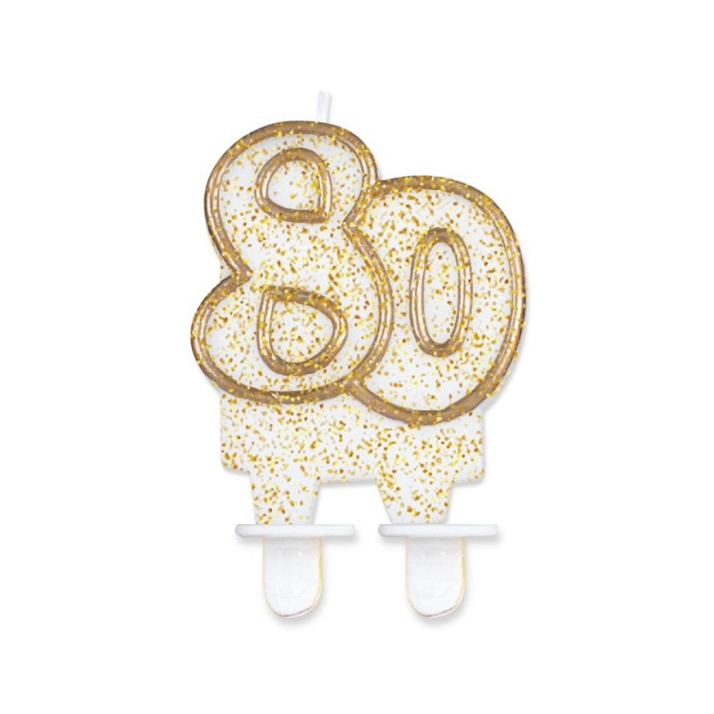 Colour Gold Gold glitter 80th birthday candle, numeral candle