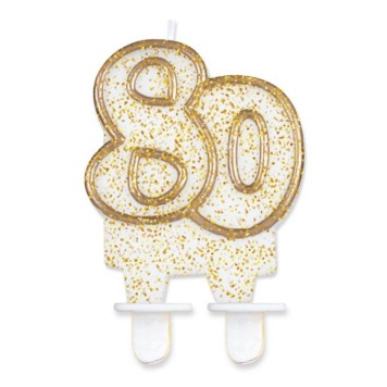 Colour Gold Gold glitter 80th birthday candle, numeral candle