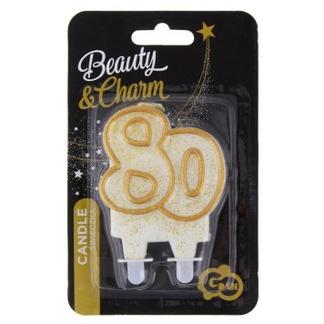 Colour Gold Gold glitter 80th birthday candle, numeral candle